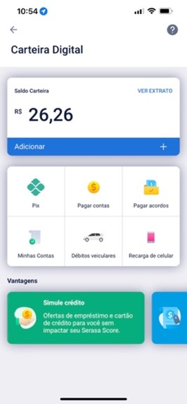 Imagem da tela Carteira Digital do super aplicativo móvel da Serasa Experian