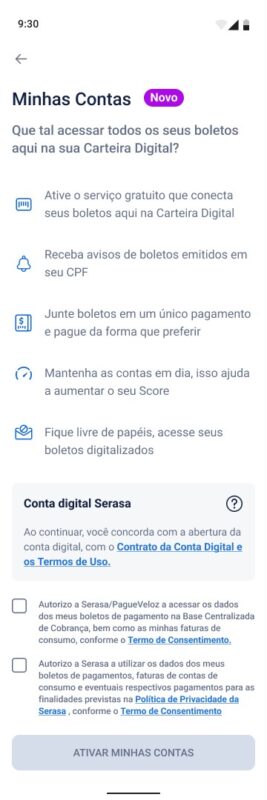Imagem da tela Minha Contas do super aplicativo móvel da Serasa Experian