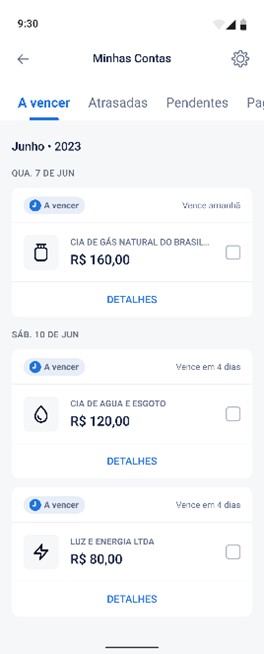 Imagem da tela Minhas Contas do super aplicativo móvel da Serasa Experian