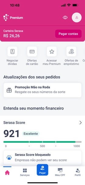 Tela do super aplicativo móvel Serasa Experian