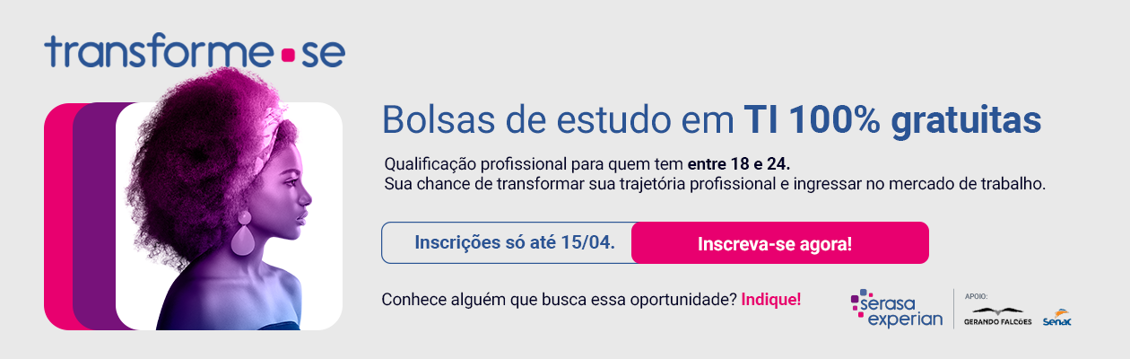 Imagem de uma campanha de bolsas de estudo em TI gratuitas com uma mulher com cabelo afro roxo, promovendo a qualificação profissional para jovens de 18 a 24 anos.