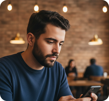 Homem com barba e cabelo escuros sentado em um café, olhando atentamente para o celular, com iluminação quente de lâmpadas e pessoas ao fundo desfocadas
