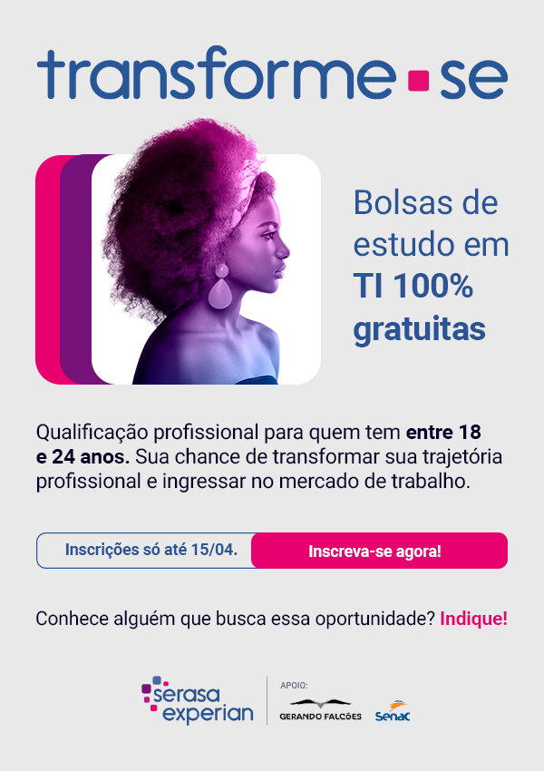 Imagem de uma campanha de bolsas de estudo em TI gratuitas com uma mulher com cabelo afro roxo, promovendo a qualificação profissional para jovens de 18 a 24 anos.