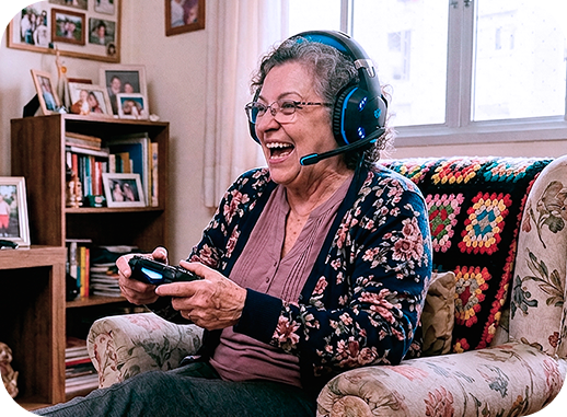 Mulher sentada em um sofá, jogando vídeo game
