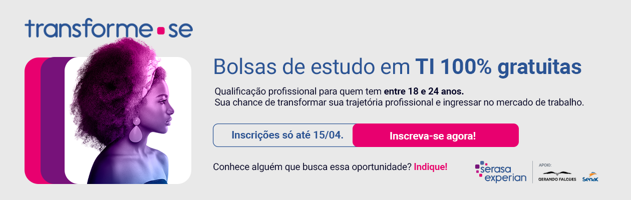 Imagem de uma campanha de bolsas de estudo em TI gratuitas com uma mulher com cabelo afro roxo, promovendo a qualificação profissional para jovens de 18 a 24 anos.