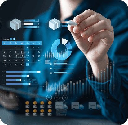 Imagem de uma pessoa manipulando gráficos digitais e dados estatísticos, representando análise de dados e inteligência artificial em ambiente tecnológico.