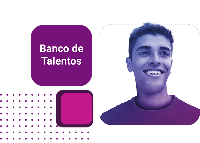 Imagem de um jovem sorridente ao lado de um pôster com texto 'Banco de Talentos', destacando oportunidades de carreira e crescimento profissional. Ideia de desenvolvimento de talentos e seleção de futuros profissionais.
