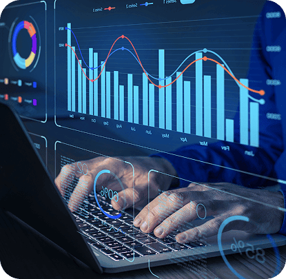 Análise de dados com gráficos de barras e linhas em tela de computador, representação de inteligência de negócios e análise estatística para tomada de decisões.