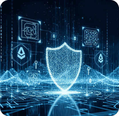 Imagem digital representando segurança de dados com escudo e ícones de tecnologia blockchain e criptomoedas, destacando proteção digital.