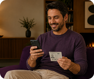 Homem sorrindo em casa, sentado em um sofá, usando celular e segurando um cartão de identificação ou documento, em ambiente acolhedor com luzes ao fundo.