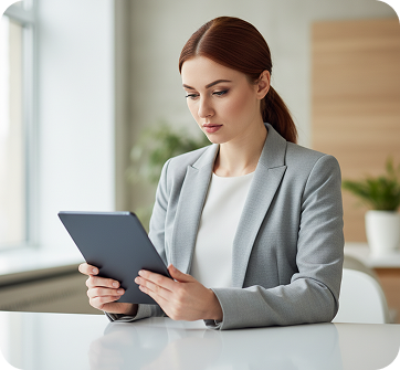 Mulher profissional usando um tablet em ambiente de escritório moderno, com expressão concentrada enquanto lê informações na tela.