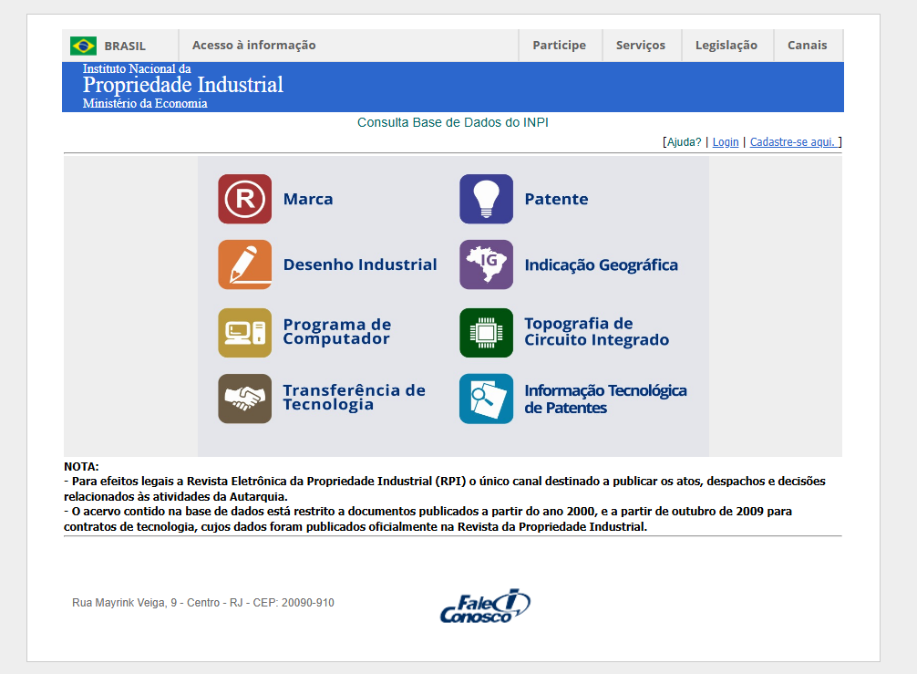 tela de pesquisa de marcas registradas no INPI