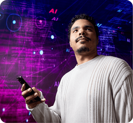 Homem segurando smartphone em ambiente futurista com elementos de inteligência artificial e tecnologia avançada ao fundo.