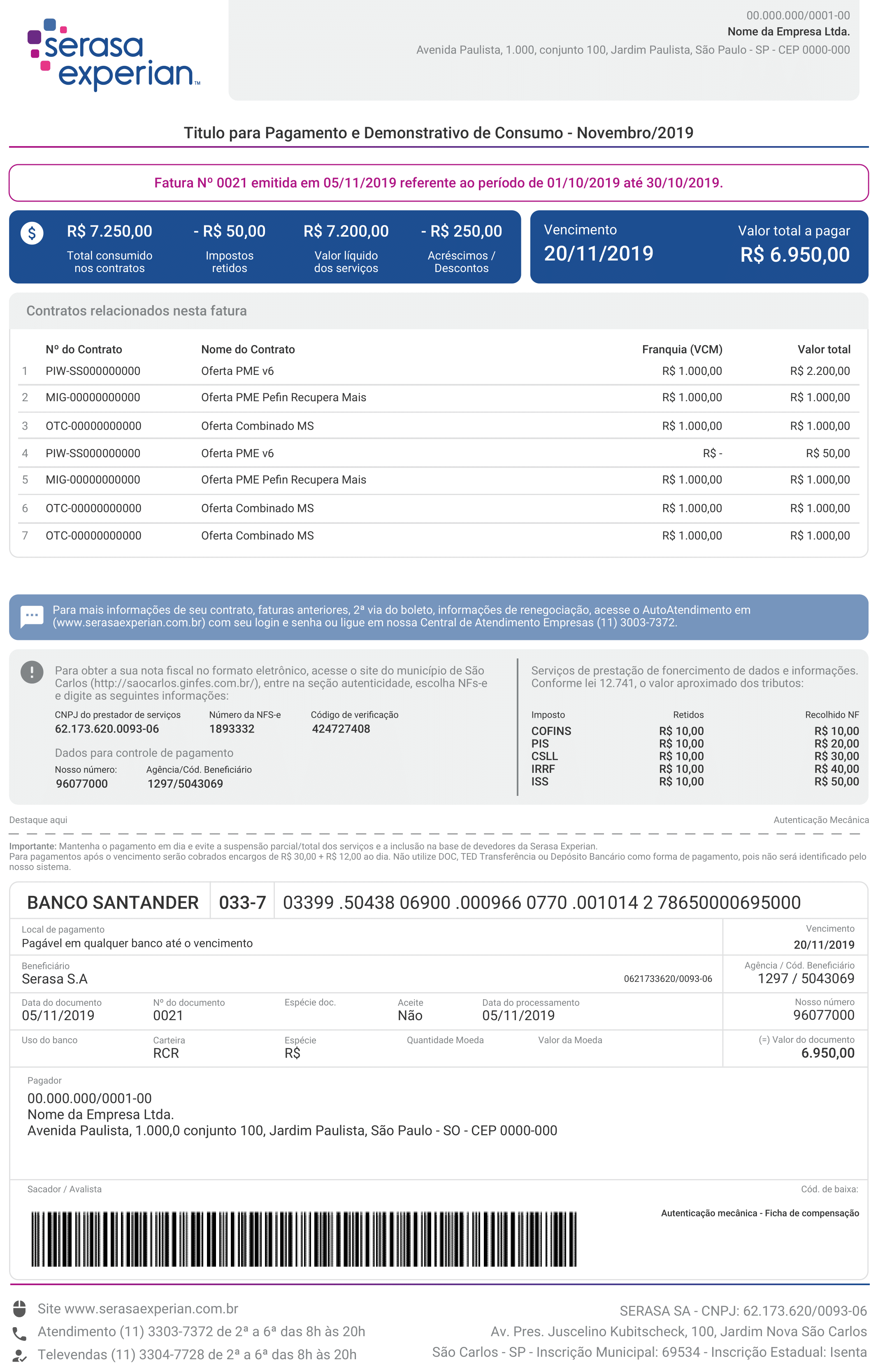 Imagem da frente de uma fatura dos serviços da Serasa Experian