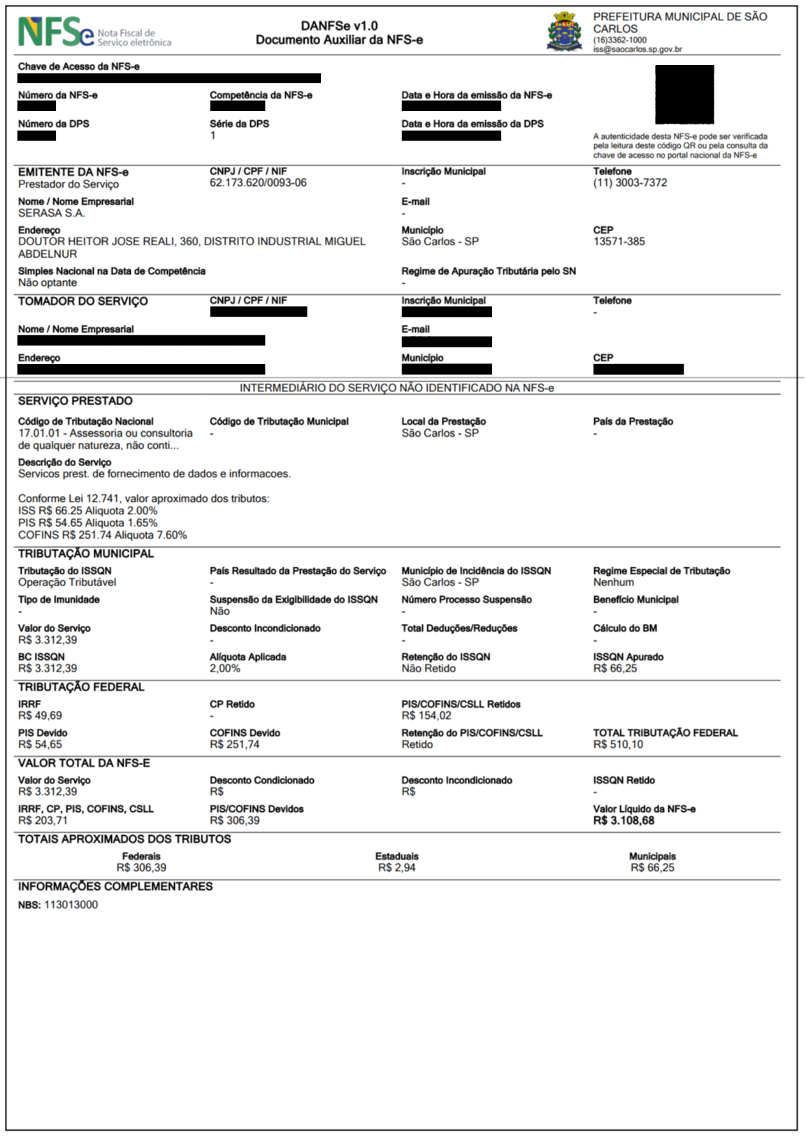 Imagem de uma fatura de NFE de São Carlos