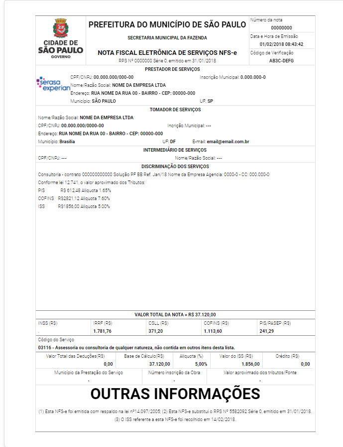 Imagem de uma fatura de NFE de São Paulo