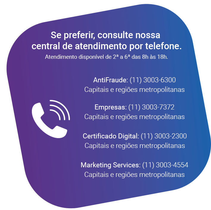 Telefones dos produtos Serasa Experian - Antifraude (11)3003-6300 - Empresas (11)3003-7372 - Certificado Digital (11)3003-2300 - Mkt Service (11)3003-4554
