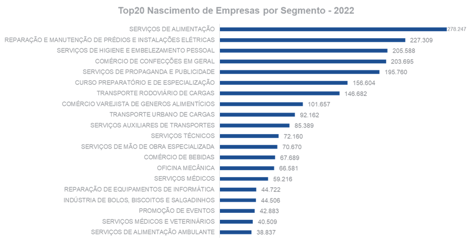 Top 20 Nascimento de empresas por segmento 2022