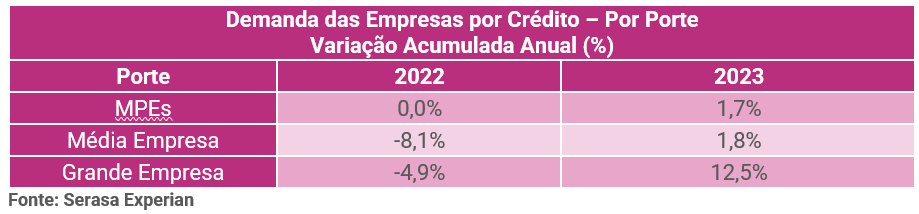 Tabela da demanda das empresas por crédito por porte da empresa no ano de 2023