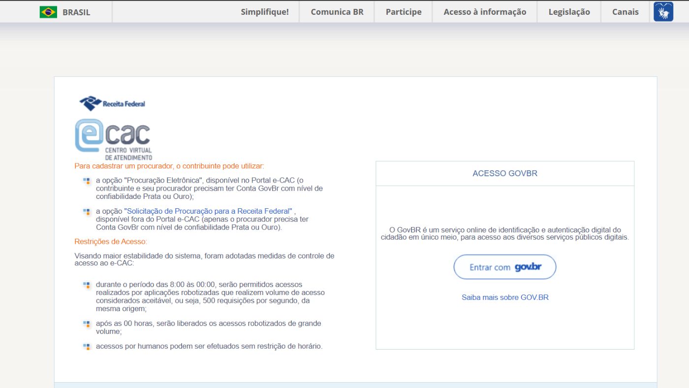 tela de login para acessar o e-cac