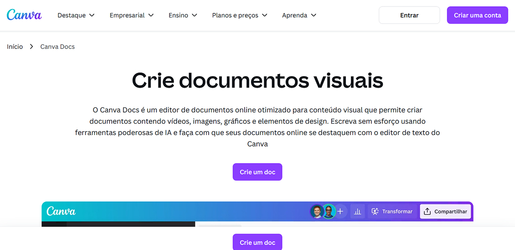 Plataforma Canva para criação de documentos