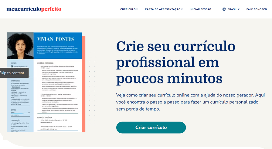 Plataforma Meu Currículo Perfeito para criação de curriculo