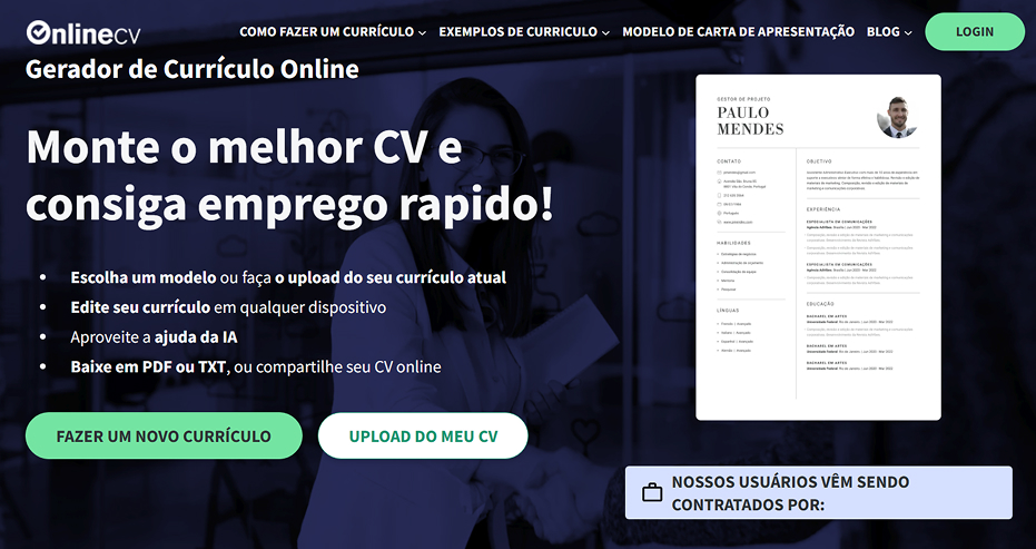 Plataforma Online Currículo para criação de currículo