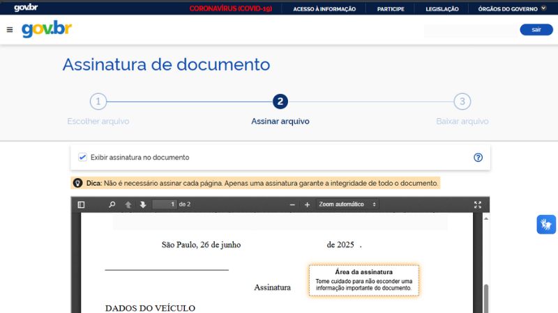 documento anexado e inclusão de local da assinatura digitalmente pelo Gov